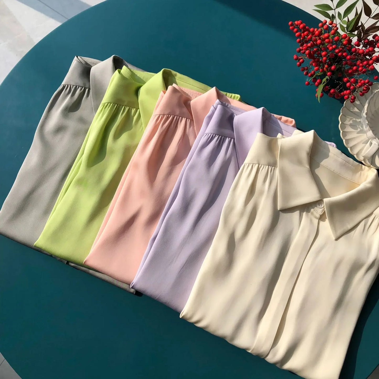 Simple and Smooth Double Satin Shirred Silk Long-sleeved Shirt Women