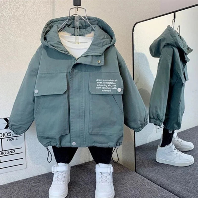 Boys Coat Jacket Outwear Tops Cotton Cool Thicken Plus Velvet Winter Autumn School Gift Overcoat Children's Clothes