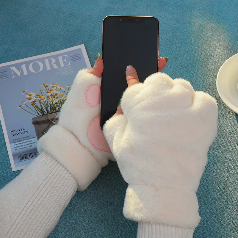 Women Cute Cartoon Cat Paw Gloves Girls Winter Thermal Fingerless Gloves Warm Soft Short Plush Half Finger Gloves