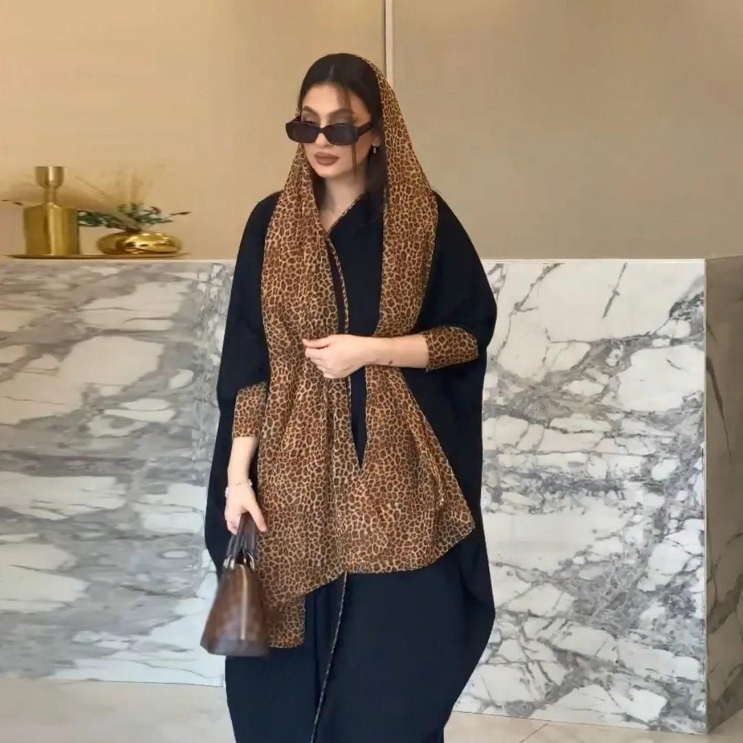 Fashion Khimar Hijab Women Clothing Muslim Black Open Kimono Casual Leopard  Chiffon Contrast Color Abayas Robe