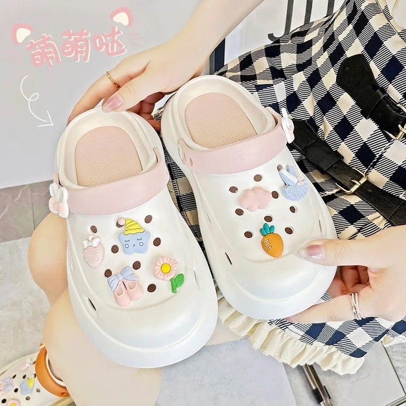 Women's Hole Shoes Elevated Thick Sole Shoes Cartoon Accessories Hole Sandals Anti Slip Beach Slippers