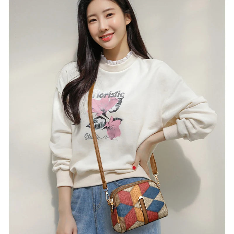 Color Block Shoulder Bags for Women National Style Double Zipper Crossbody Bag Ladies PU Leather Wallet Fashion Handbags