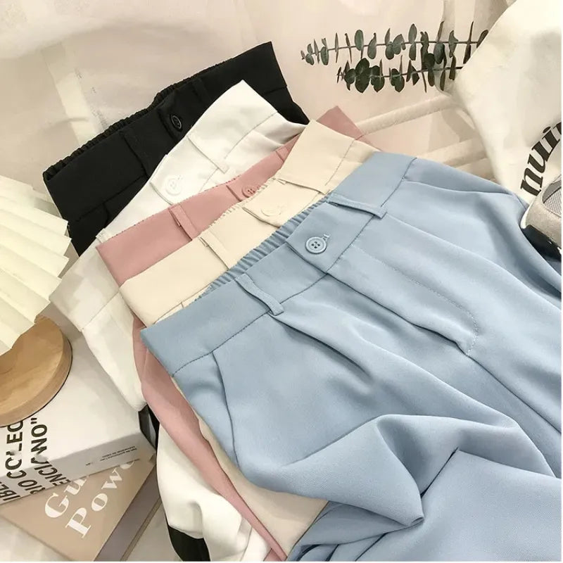 Women Pant Fashion Elastic High Waist Pants Women Loose Straight Black Trouser Female Nine Points Suit Pant Streetwear