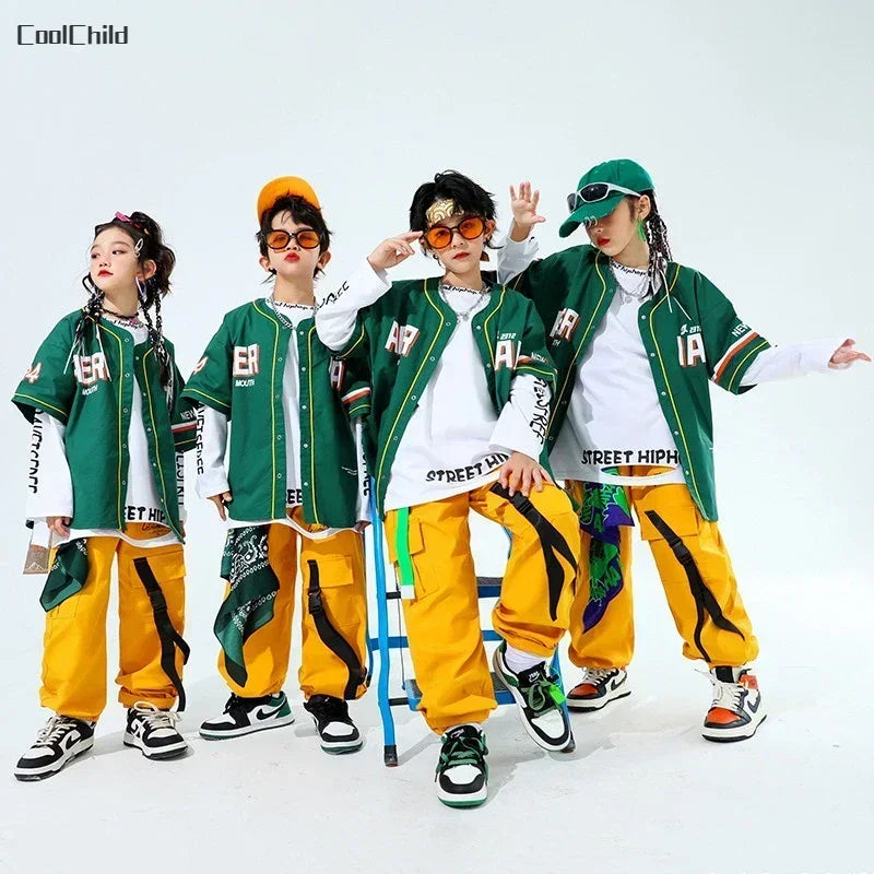 Hip Hop Boys Fashion Baseball Jacket Solid Caro Pants Girls Cool Streetwear Children Jazz Clothes Sets Kids Street Dance Costume