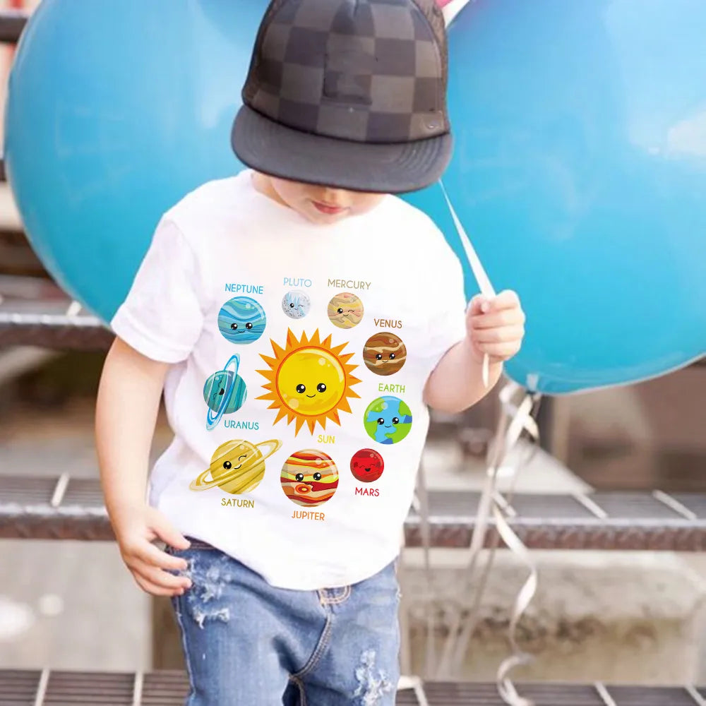 Planets Print Kids T-Shirt Astronaut Toddler Shirt Boy Girl Clothes Child Short Sleeve Shirts Kid Birthday Gift Children Tee