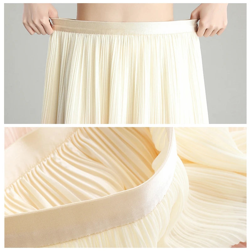 Fashion Gradient Pleated Mesh Tulle Skirts Women Elegant Casual High Waist A-Line Party Midi Long Skirt Ladies Spring Summer