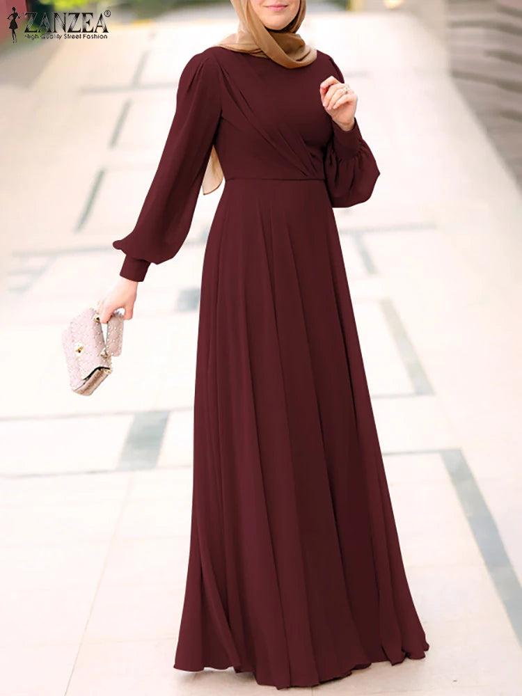 Fashion Solid Muslim Dress Women Spring Sundress ZANZEA Casual Abaya Marocain Turkish Robe Femme Lantern Sleeve Maxi
