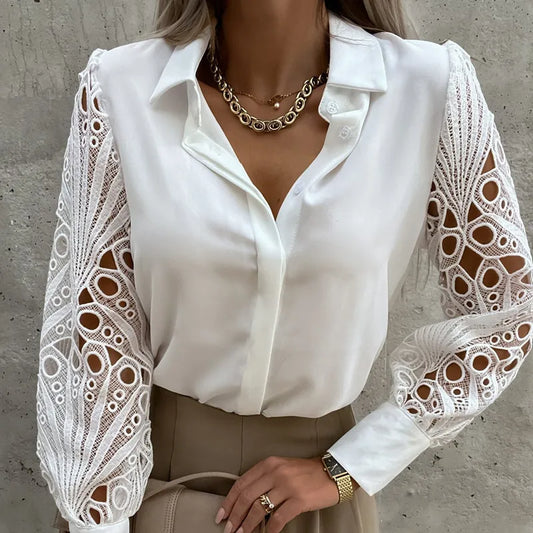 White Lace Patchwork Camisa Top Mujer Spring Summer Casual Long Sleeve Shirts For Women Vintage Hollow Out Button Blouses