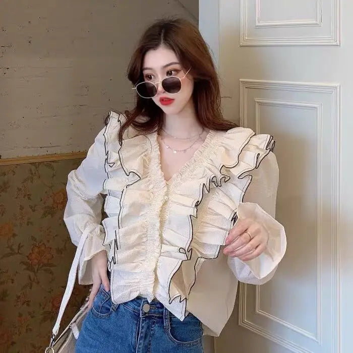 Long Flare Sleeve Ruffle Shirts Women Lady Streetwear Tops  Vintage Fungus  Blouse   Korea Fashion