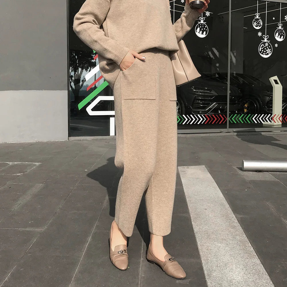 Winter Casual Sweater Tracksuits O-neck Long Sleeve Jumpers & Elastic Waist Pants Female Knitted 2 Pieces Set