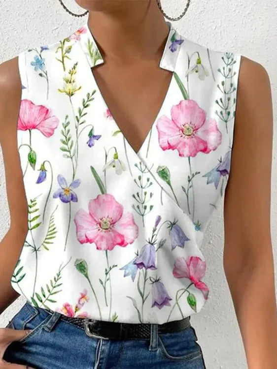 Fashion V-neck Sleeveless Print Women Tops And Blouses Summer Casual White Tank Top Femme Shirt Blouse