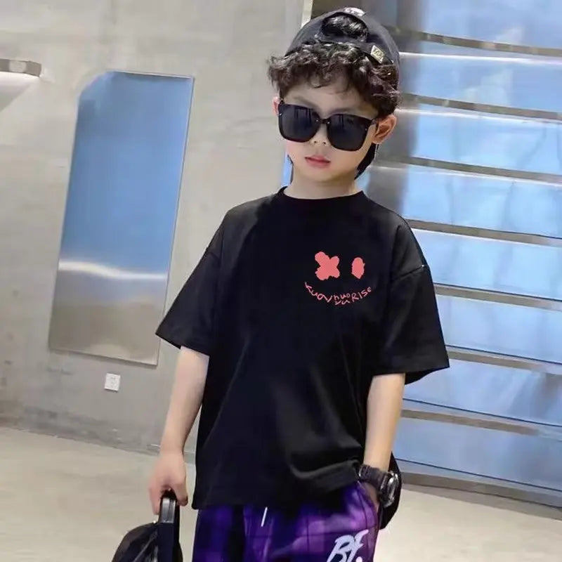 Summer Kids Clothes Streetwear Trend Letters Cartoon Print T-shirt 100% Cotton Children's Tops Short Sleeve O-neck Tees