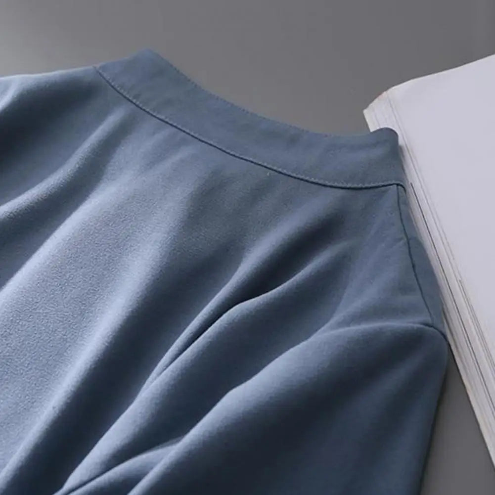 Women Shirt Elegant Women's Stand Collar Cardigan Blouse with Lantern Sleeves for Formal Business Style Commute Solid Color Top