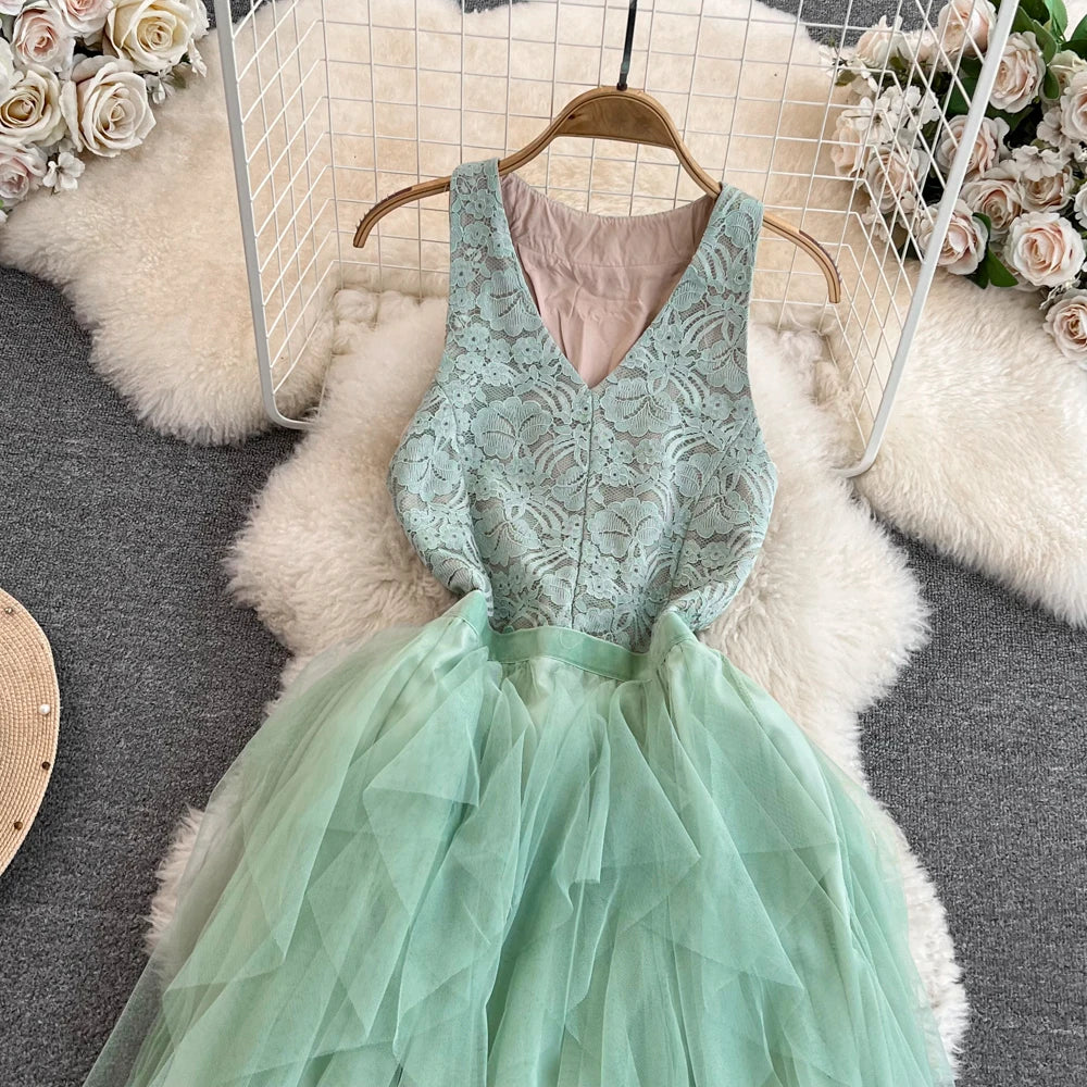 Embroidery Long Dress for Women Tulle Stitching Ruffle Layered  Female Prom Dresses Elegant Party Formal
