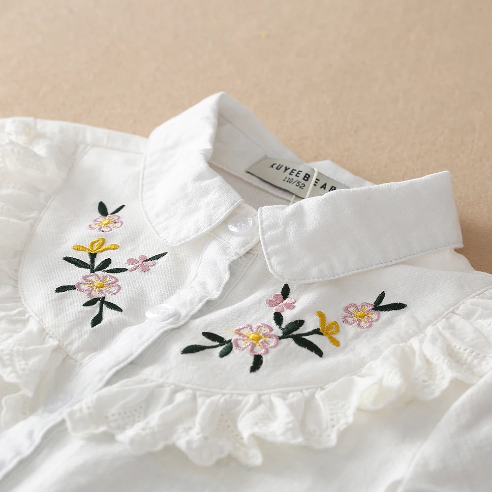 Girls Blouses 100% Cotton White Long Sleeve Autumn Kids Clothes Embroidery Tops Girls School Shirts