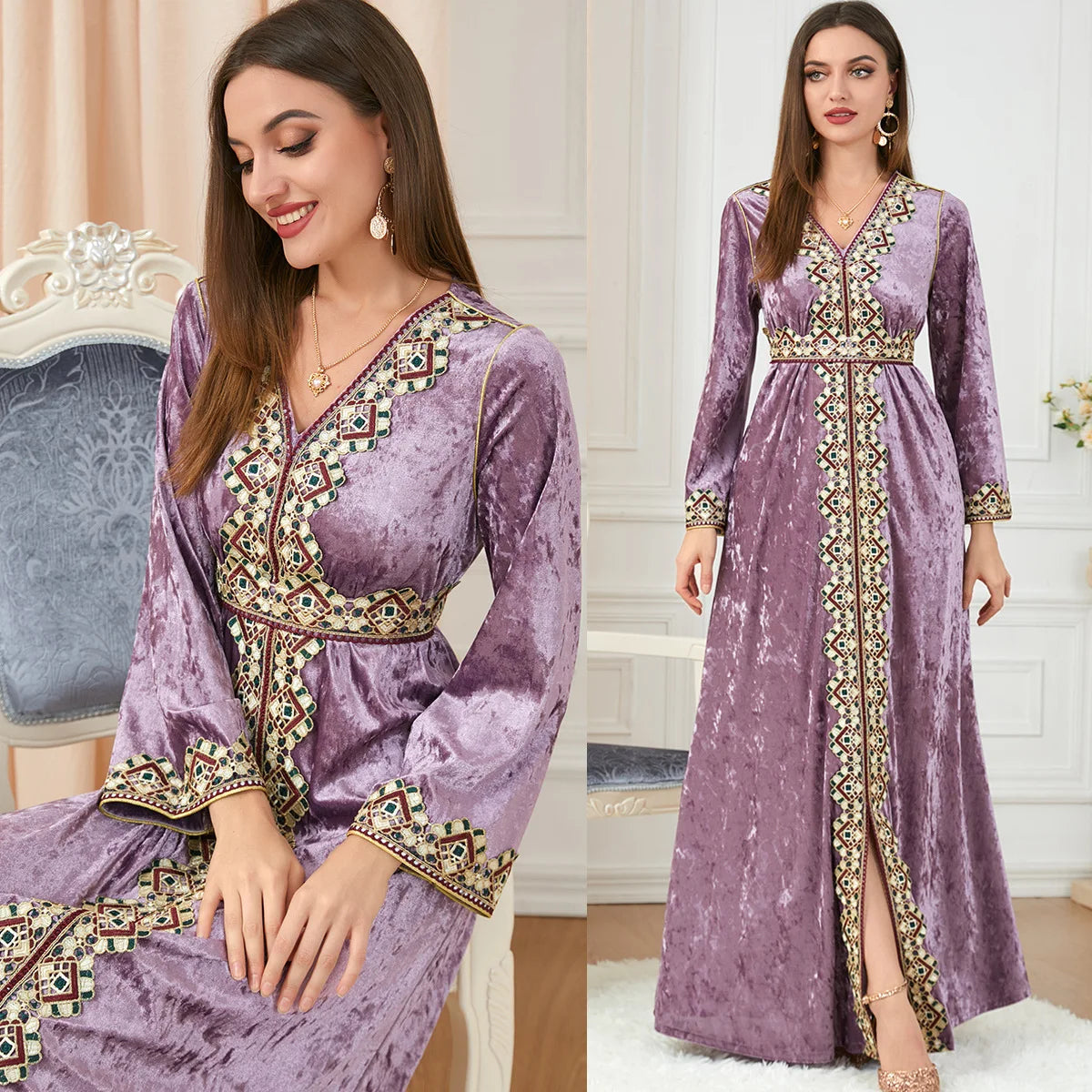Muslim Abaya Women's New Loose Fitting V-Neck High-End Long Dress Elegant Long Sleeved Golden Velvet Dresses