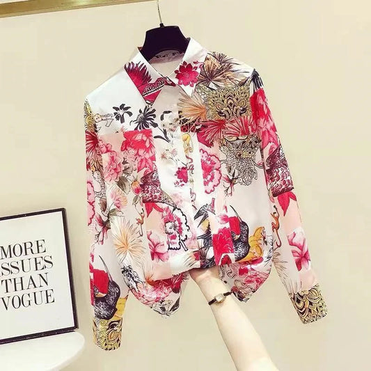 Luxury Blouses Women Vintage Satin Tops Chiffon Long Sleeve Casual Blouse Shirts