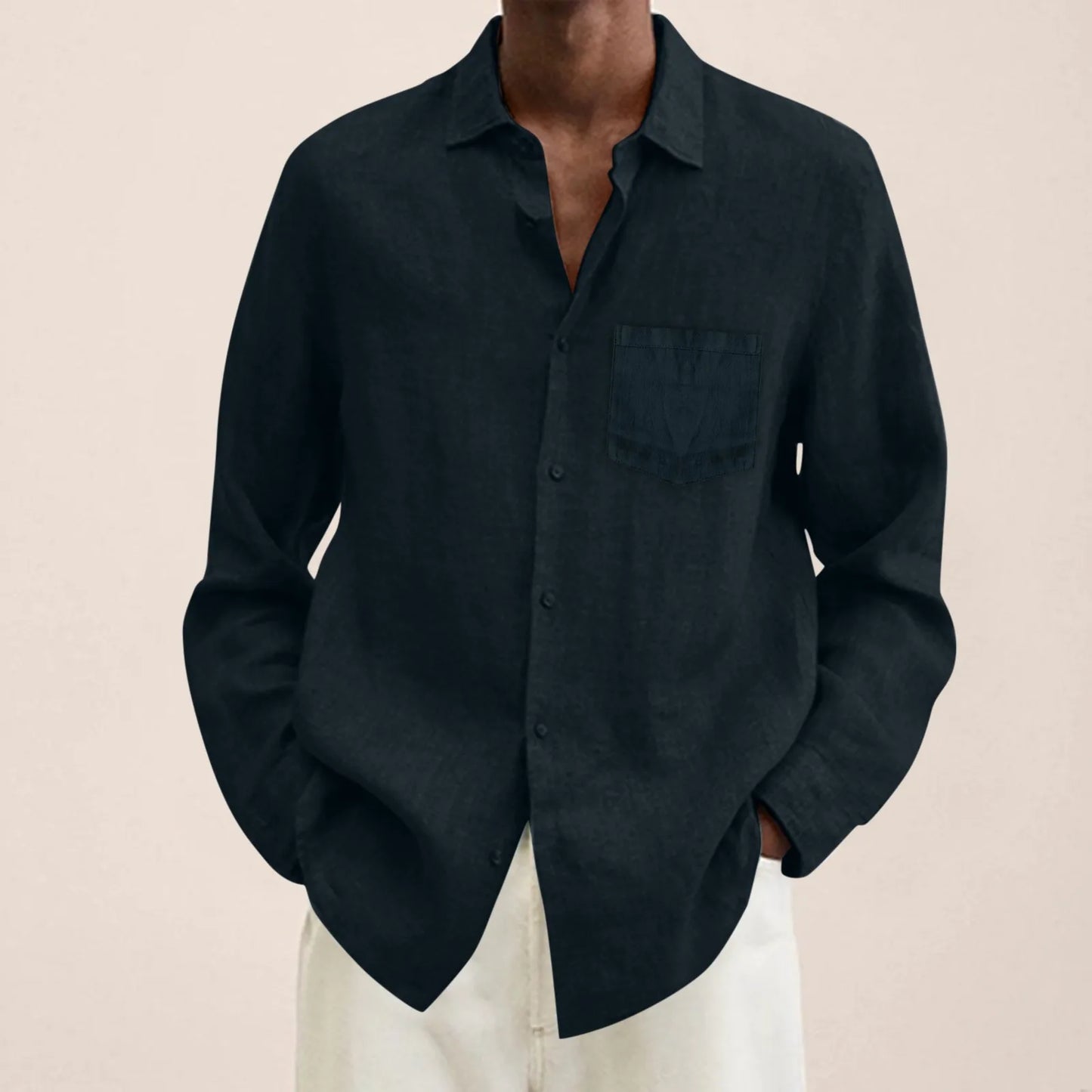 Men's Casual Cotton Linen Shirt Turn Down Collar Solid Long Sleeve Loose Top Spring and Autumn Handsome Fashion Shirts