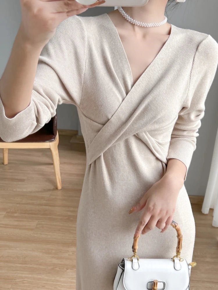 V-neck Knitted Sweater Dress Women Long Sleeve Office Lady Elegant Slim Party Dresses Female  Autumn Winter