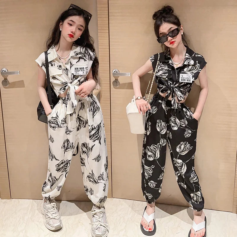 Summer  Baby Girls Clothes Sets Print Pattern Outfits Kids Clothes Shirt +Pants Children Clothing Set 5 6 7 8 9 10 11 12 Yrs