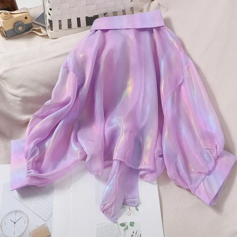 Women Shining Sparkles Tied Waist Sexy Chiffon Blouses Shirts For Women