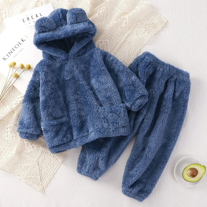Autumn Winter Warm Plush Boys Clothing Sets Fashion Flannel Hooded Top + Pants Girls Suits Birthday Kids Clothes