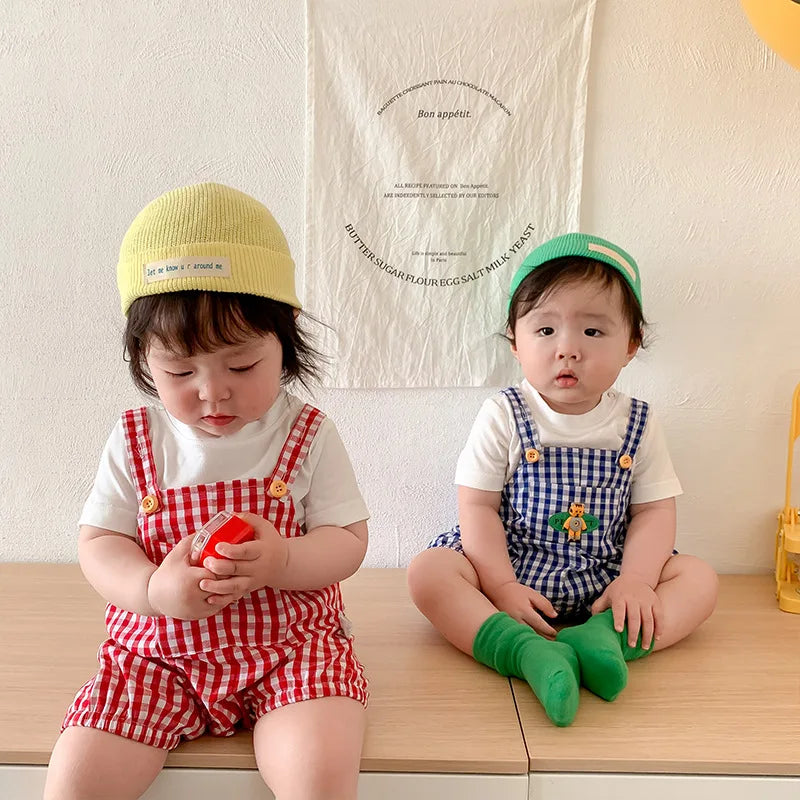Summer Children's Set Baby's Short Sleeve+Plaid Strap Pants Cute Summer Clothing