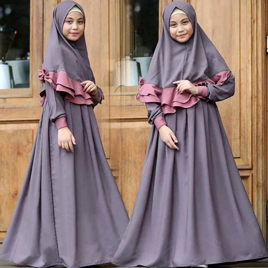 2PCS Kids Girls Abaya Muslim Prayer Garment Hijab Maxi Dress Set Robes Islamic Children Dresses Kafan Robe Arab Ramadan Clothes