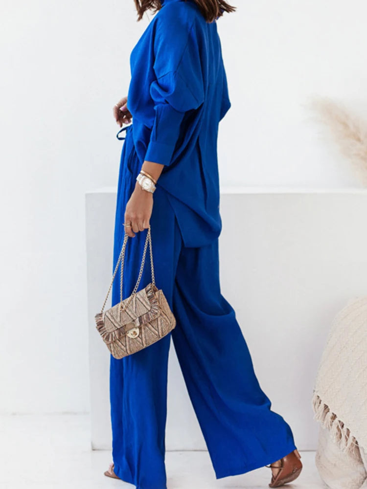Spring Autumn Solid White Women Trouser Suit Set Casual Long Sleeve Two Pieces Suit Wide Pants Outfits Tracks