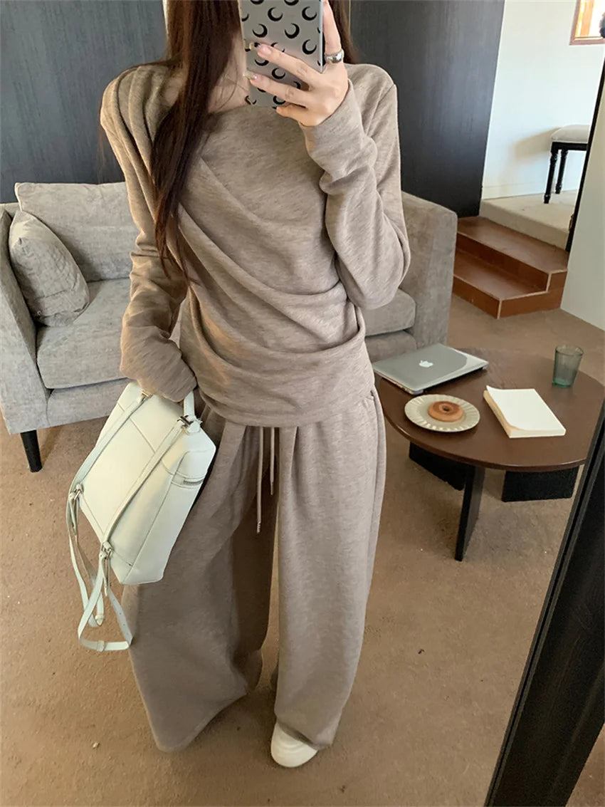Off Shoulders Sweaters Women Chic Loose Wide Leg Pants Suits Elegant