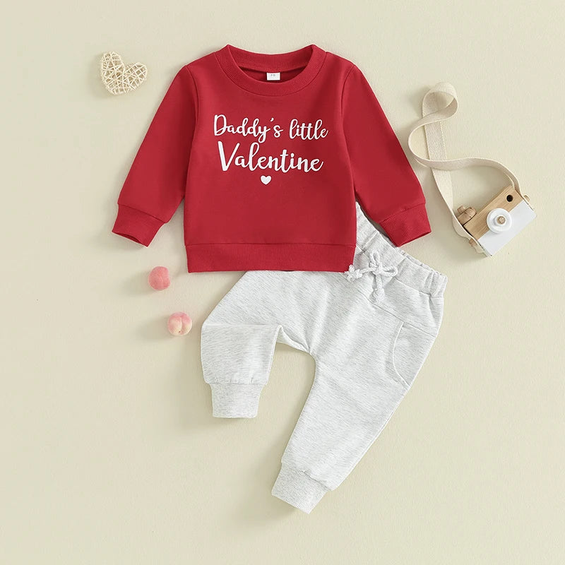 Infant Baby Boy Valentine's Day Outfits Long Sleeve Shirts Letter Print Sweatshirt with Red Pants Set0-3Y