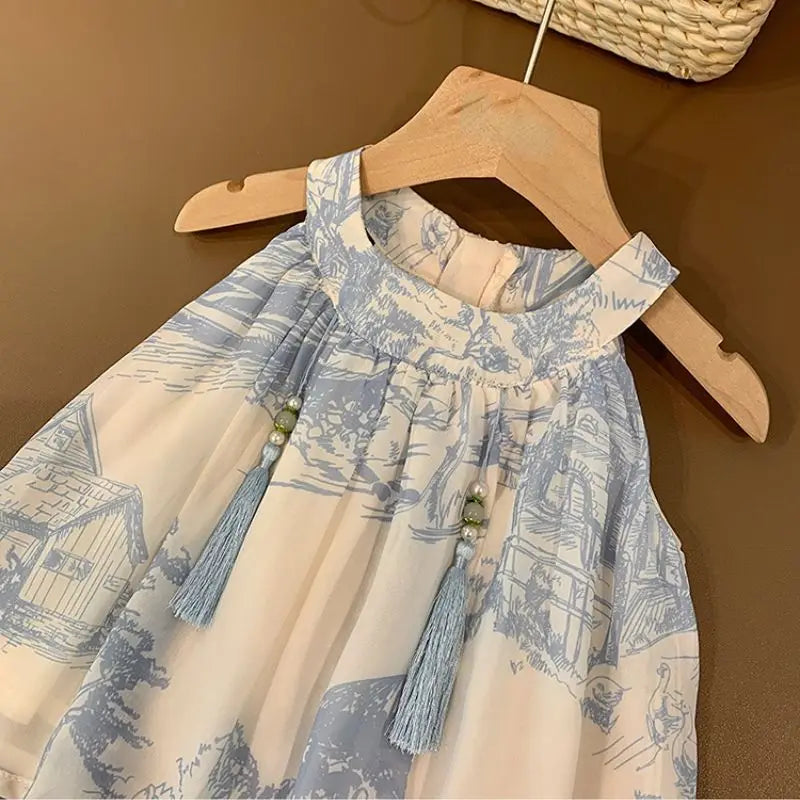 Children Sets Waistdress Sleeveless A-line Pullover Print Kids Shorts Above Knee Length Elastic Waist Cotton Floral New Korean girls