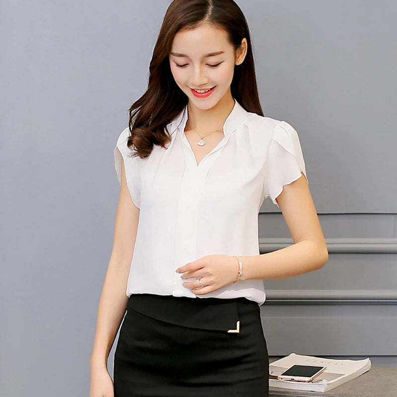 White Women Shirt Chiffon Blusas Femininas Tops Short Sleeve Elegant Ladies Formal Office Blouse Chiffon Shirt Women T Shirt Top