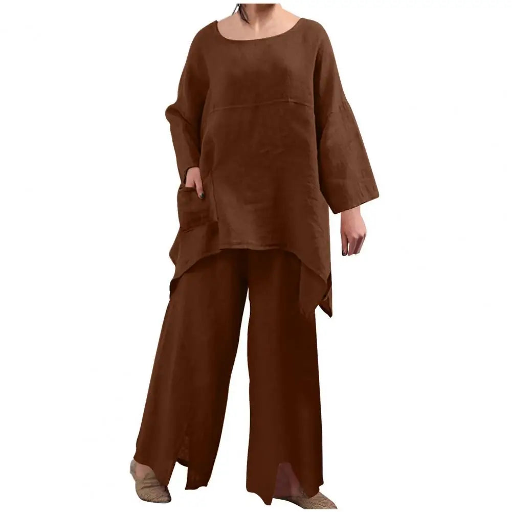 Loose Fit Pants Suit Stylish Women's Top Pants Set with Irregular Hem Wide Leg Trousers Soft Breathable Fabric 2 for Comfort
