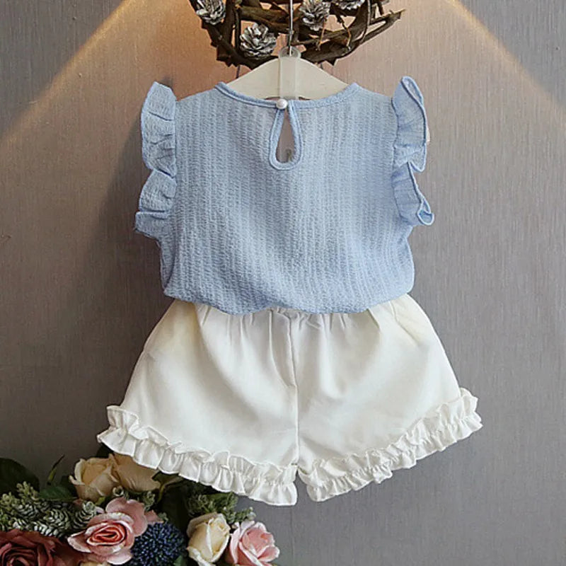 Summer Girls Clothing Sets Pearl Sleeveless Chiffon Vest Tops+Shorts Suits Children Girls Clothes Kids Clothing Sets 2Pcs Suits