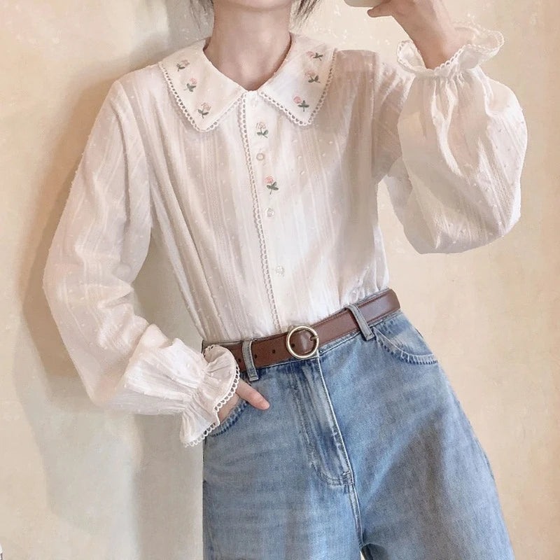 Long Sleeve Shirts Women Vintage Sweet Floral Embroidery Loose Peter Pan Collar All-match Gentle Design Lovely Preppy Female Ins