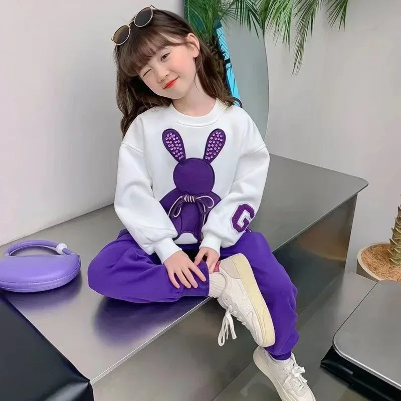Fashion Toddler Baby Girl Fall Clothes Sets Kids Sports Cartoon Rabbit Sweatshirt Pants 2Pcs Suits Teenage Tracksuit Outfits
