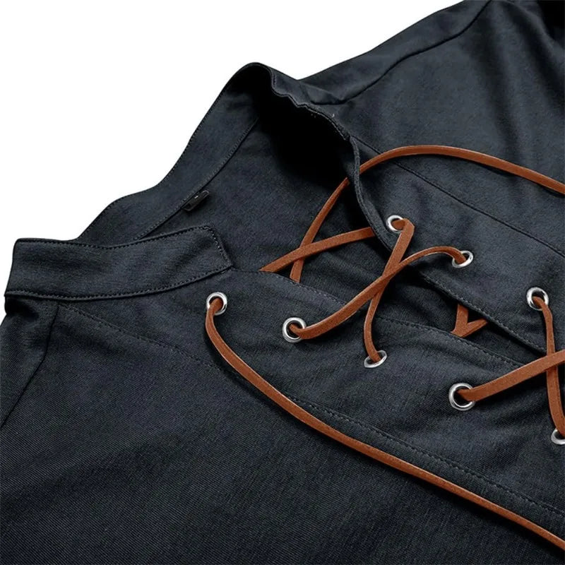 Men's Cotton Linen Henley Shirt Muscle Lace Up Long Sleeve Stand Collar Big and Tall Tshirts Casual Pullover Henley Tee Top