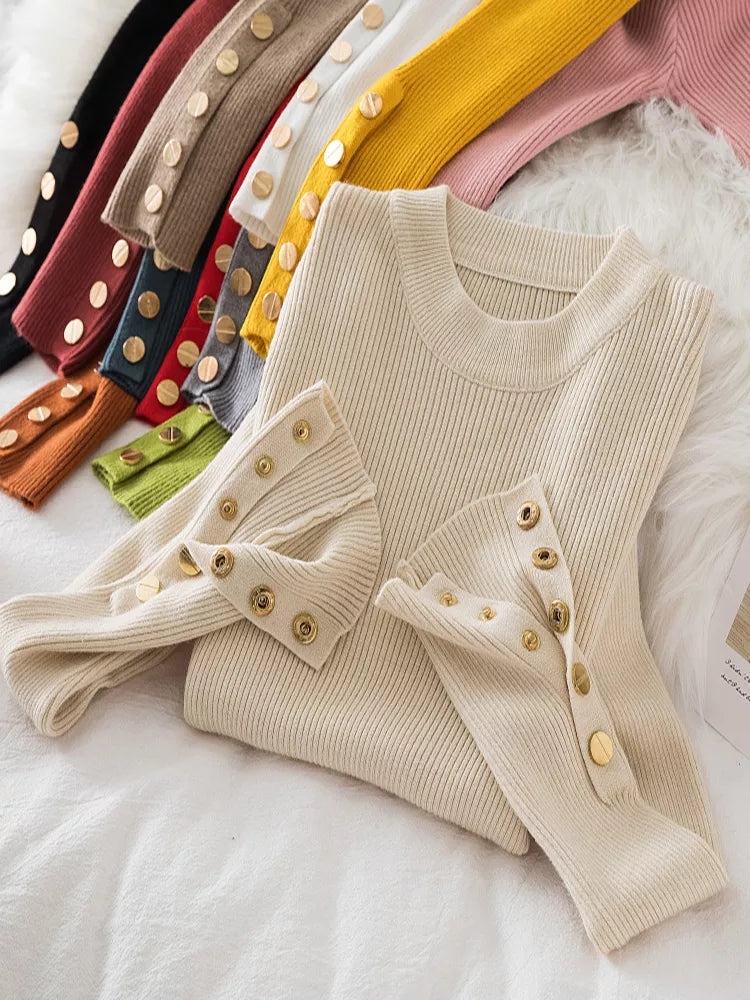 women thick sweater pullovers khaki casual autumn winter button o-neck chic sweater female slim knit top soft jumper tops