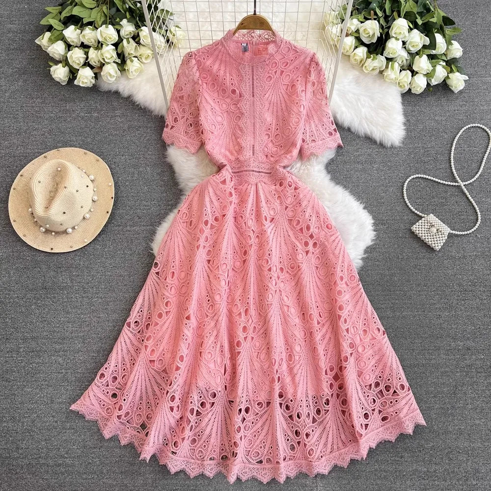High Quality Lace Hollow Out Summer Women Lace Fashion Elegant Embroidery Ruffled Neck Short Sleeve Party Casual Office Dresses