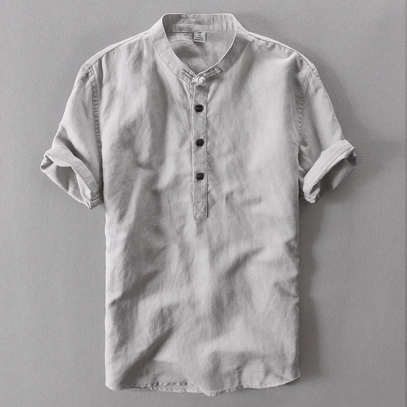 Men Casual Cotton Linen Shirts Autumn Brand Short Sleeve Shirt Mandarin Collar Solid Color Retro Shirt Tees