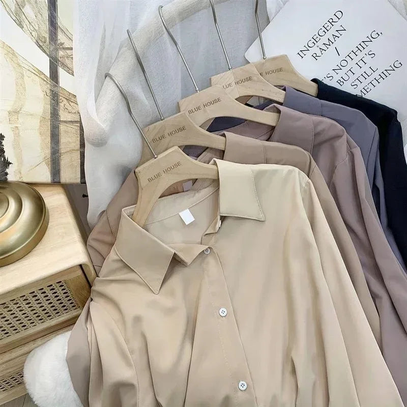 Casual Shirts Women Loose All-match Solid Candy Colors Single Breasted Tops Chic Turn-down Collar Long Sleeve Blouses Students