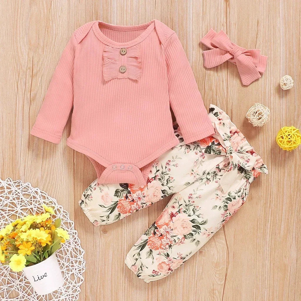 Newborn Girl Clothes Set New Born Baby Clothes Toddler Girl Outfits Baby Bodysuit Bow Pants Headband Infant 0-24M Baby Clothes