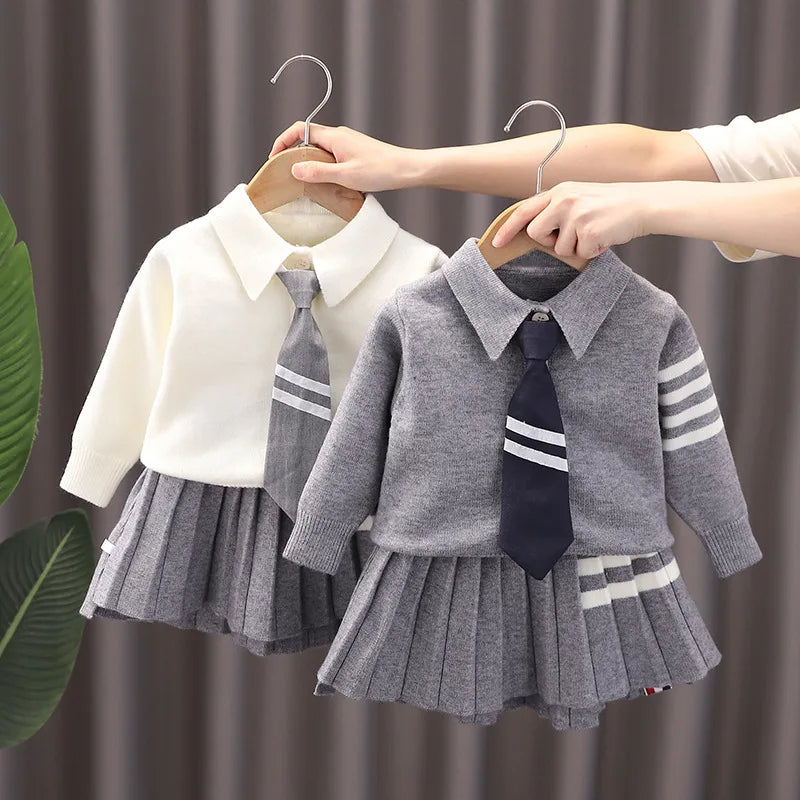 Autumn Sets Baby Girl Clothes School Uniform Children Costume Kids Suit Preppy Striped Sweater Skirt Clothes for Girl 1-8 Years