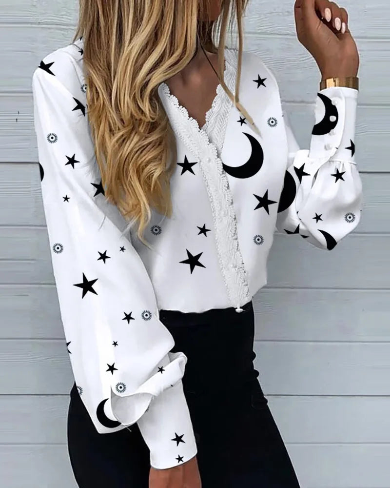 Women Sweet Love Heart Painting Print Long Sleeve White Shirt Fashion Sexy Lace V-Neck Blouse Chic Top Blusa Femininas Elegantes