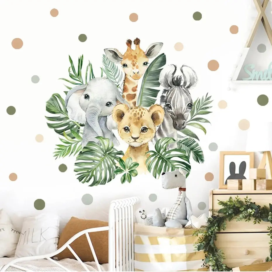 Cartoon Cute African Animals Elephant Lion Leaves Wall Stickers for Kids room Baby Room Decor Home Decor Wall Decals Art Murals home