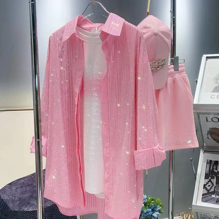 Vertical Stripes Loose Casual Pink Shirts and Blouses For  Women's Long Sleeve Top Blusas