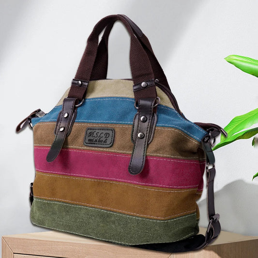 Women's Large Capacity Travel Bag Ladies Fashion Handbag Patchwork Rainbow One Shoulder Canvas Messenger Bag