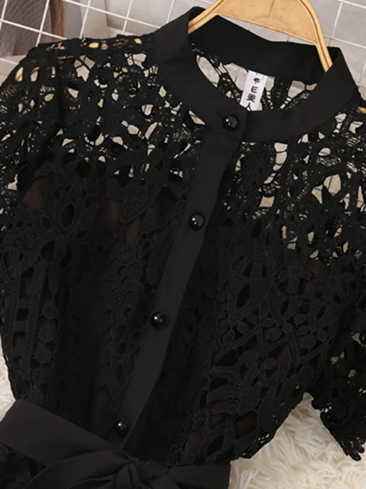 French Stylish Hollow Out Lace Vestido Women Elegant Evening Dress