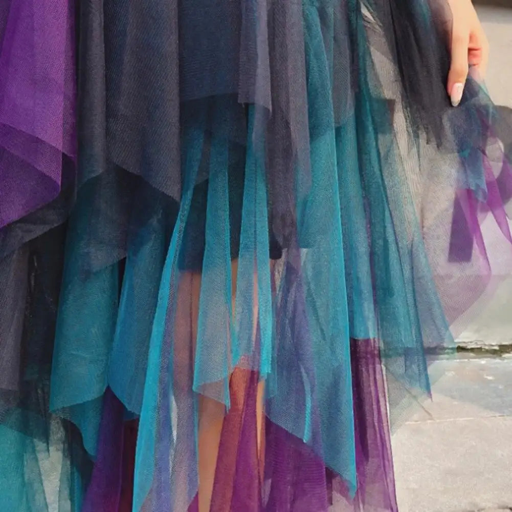 Irregular Gradient Color Skirt Colorful Mesh Multi-layered Midi Skirt with High Elastic Waist for Women Irregular Soft for Women